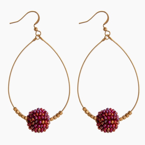 Burgundy and gold beaded teardrop earrings. - Picture 2 of 4